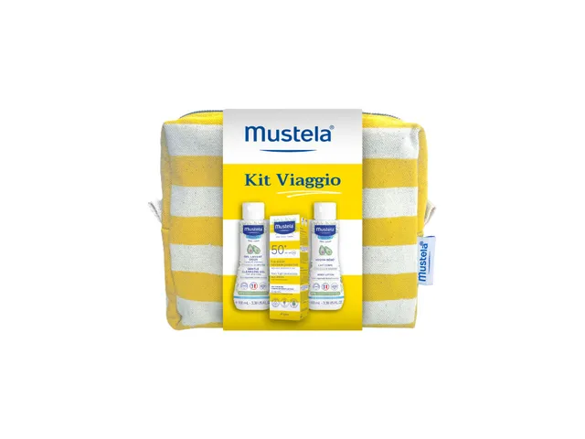 mustela-kit-viaggio-trousse-100-cotone-con-latte-corpo-detergente-e-solare-spf50 image 1